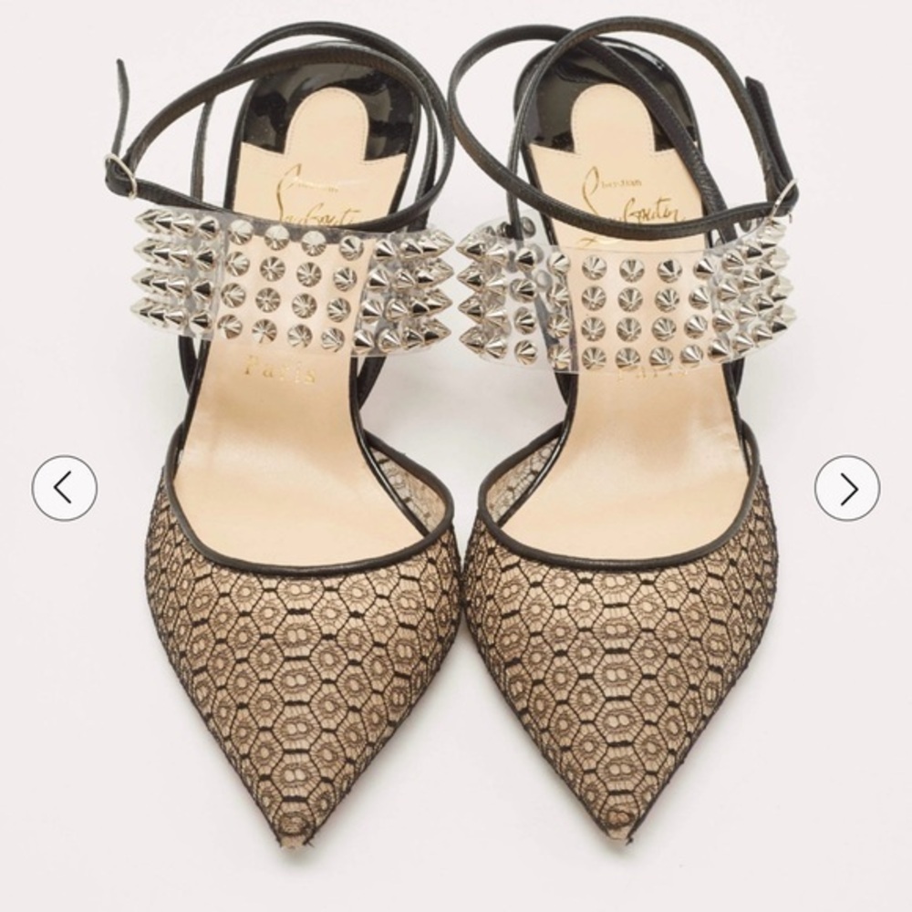 Christian Louboutin Black Lace, Leather and Spiked PVC Levita Rete Pumps 38.5